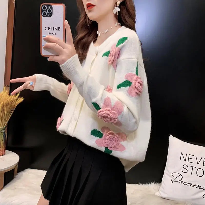 Sweater Female 2023 Spring and Autumn Knitwear Women Heavy Industry Rose Blossom Embroidery Contrast Sweater Coat Cardigan