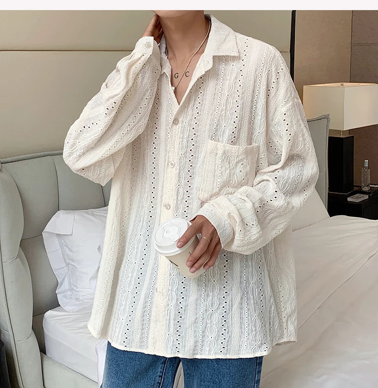 Shirts for Men Hollow Out Lapel Men Blouse Vacation Sexy Handsome Fashion Men Clothing Mesh Long-sleeved Shirts Black/Apricot