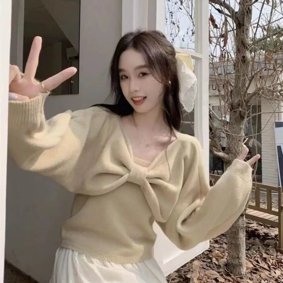 Sweater Suit for Women Two-piece 2025 Autumn New Suspender Vest Bow Long Sleeve Short Top