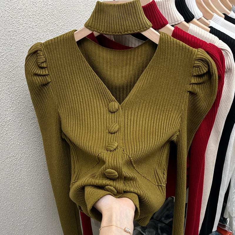 Red Sweater Knitted Sweater Women's Inner Layering Shirt with Unique Unique V-neck Halter Top Design for Autumn and Winter