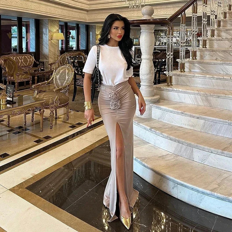 New Summer Fashion Women Skirt Streetwear Solid Skirts Appliques Sexy Split Slim Elegant Female Party Straight High Waist Skirts