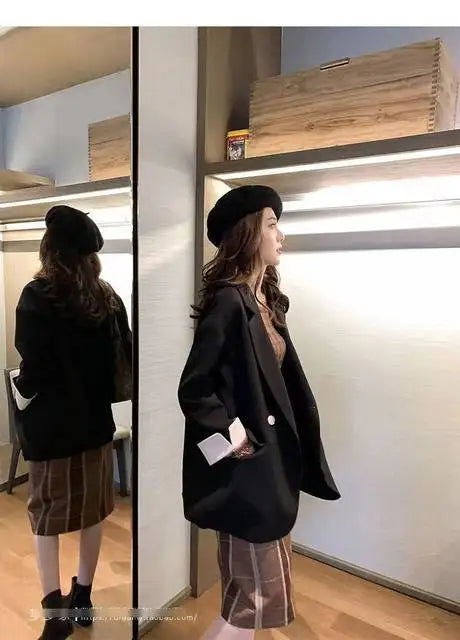 Long Blazers Woman Spring Casual Office Lady Lapel Double-breasted Slim-fit Elegant Solid Color Fashion Outerwear Minimalist