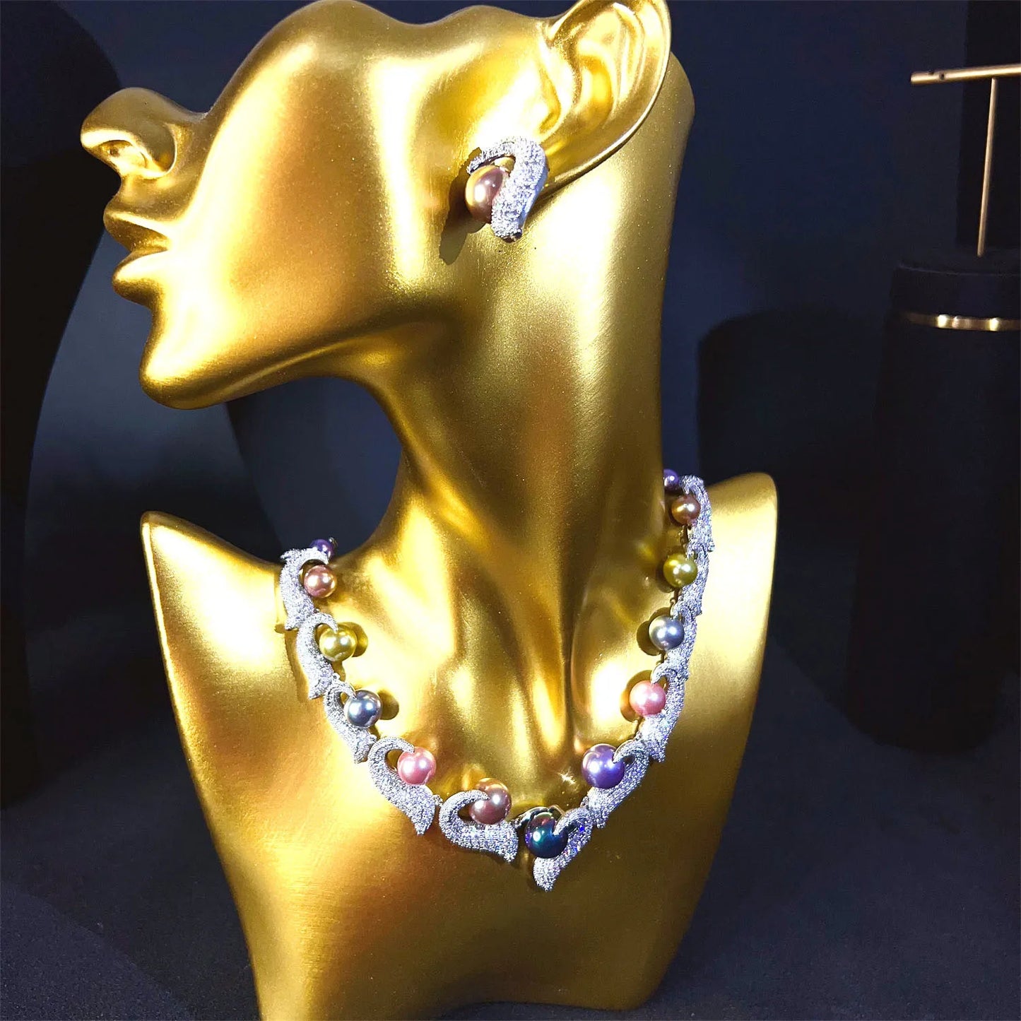 wedding bride jewelry sets silver gold color colorful pearls jewelry dinner party shiny zirconia anniversary gift women