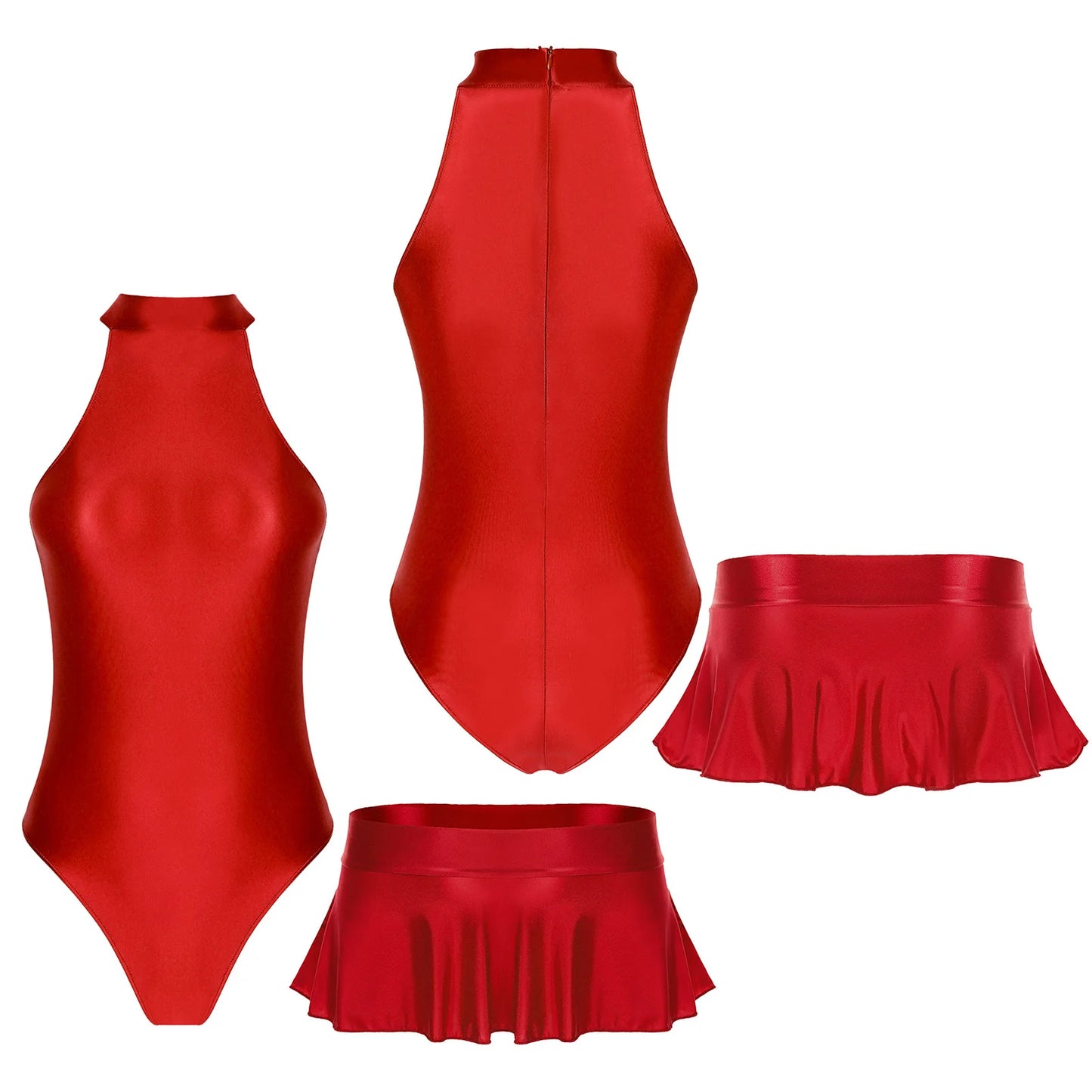Women Glossy Bodysuit Swimsuit Set Elastic Sleeveless High Cut Leotard with Ruffled Mini Skirt Swimming Bathing Suit Swimwe﻿ar