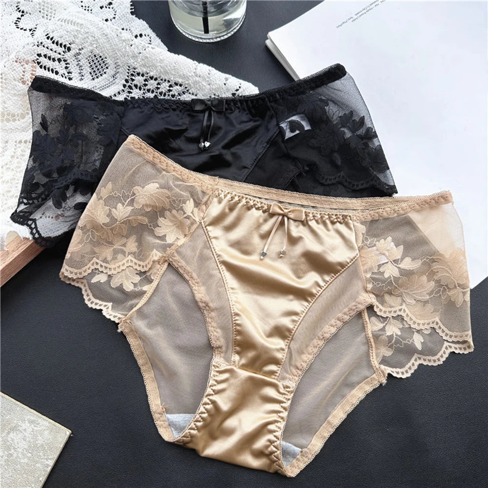 Sexy Women Panties French Style Lace Panty Satin Silk Seamless Briefs Breathable Lingerie Breathable Underwear Ultra-Thin Trunks