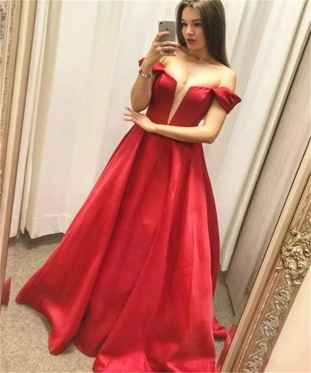 Ball Gown for Women Satin Dress Red Prom Dresses Long Off Shoulder V-Neck A-Line Formal Dress Women Elegant Evening Dress