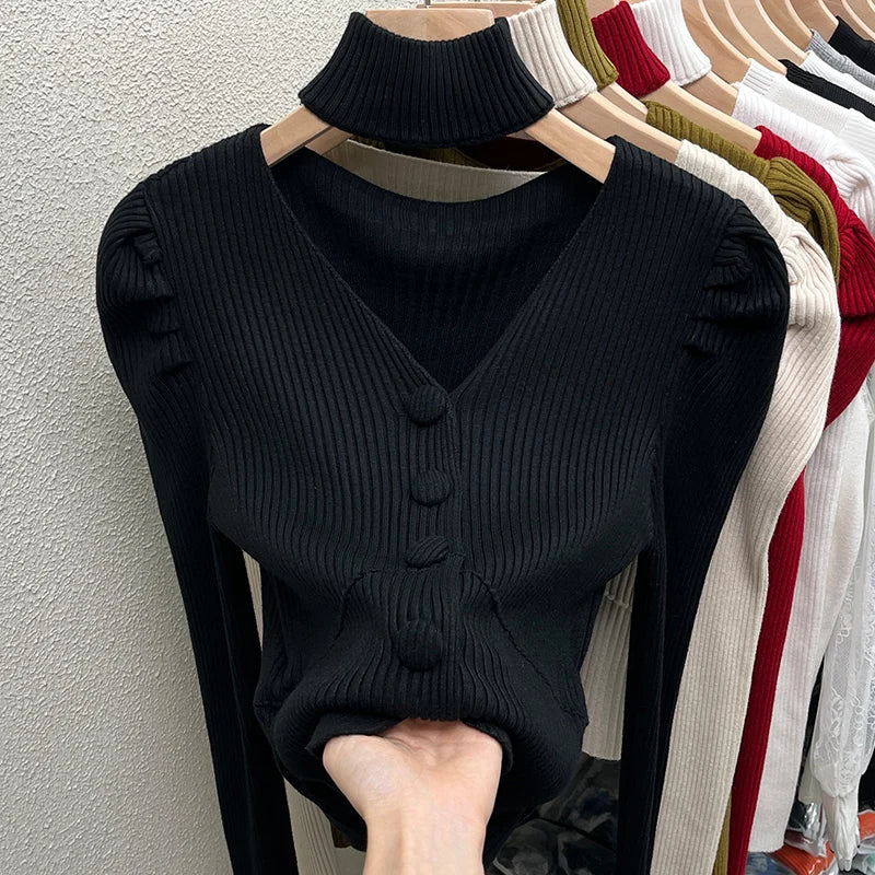 Red Sweater Knitted Sweater Women's Inner Layering Shirt with Unique Unique V-neck Halter Top Design for Autumn and Winter