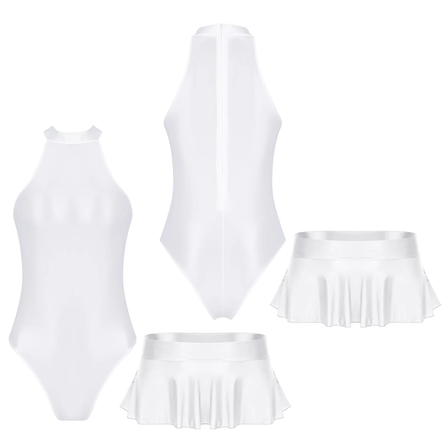 Women Glossy Bodysuit Swimsuit Set Elastic Sleeveless High Cut Leotard with Ruffled Mini Skirt Swimming Bathing Suit Swimwe﻿ar