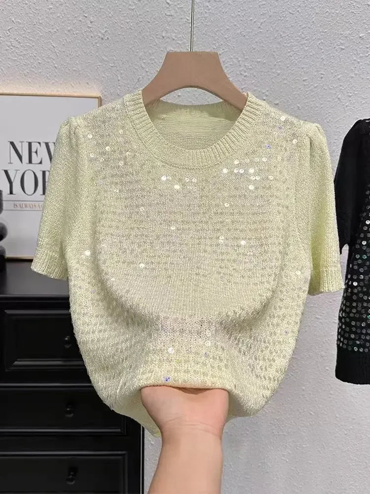 Summer Sweater Short-sleeved T-shirt for Women Temperament and Fashionable Versatile Half-sleeved Sweater Sequin Top
