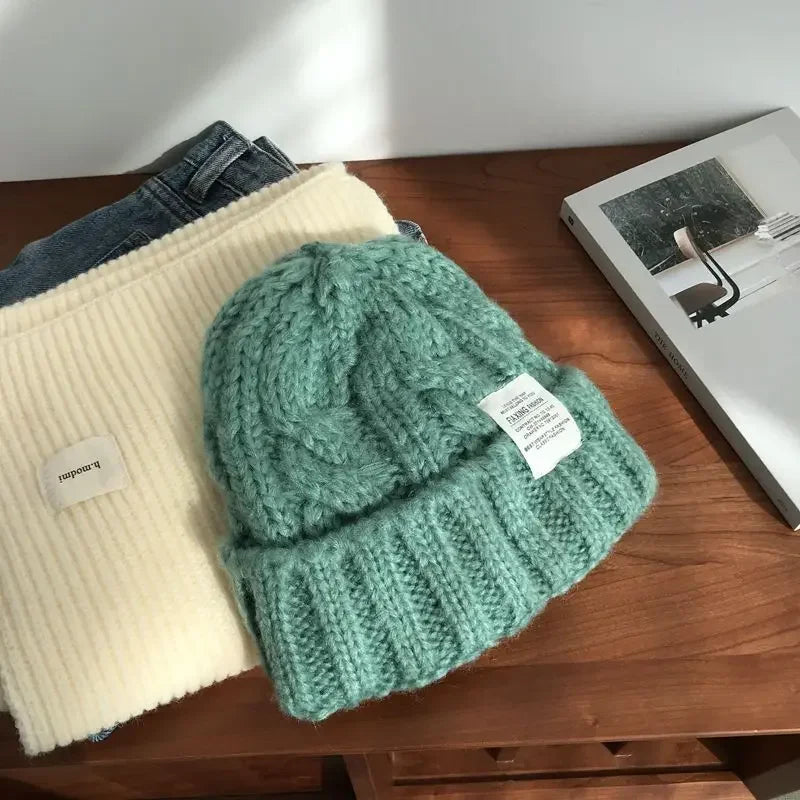 New Hat Women's Coarse Knitted Knitted Wool Hat Autumn and Winter Versatile Big Head Circumference Green Loose Ins Trendy F