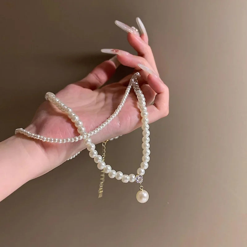 Elegance retro pearl double-layer collarbone chain women's accessory pearl high-end light luxury and niche necklace