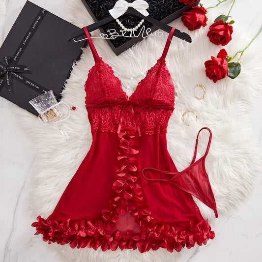 Women's Sleeping Dress Sex Transparent Sleepwear See Through Deep V Bow Bra Underwear Sexy Nightdress And Thongs Pijamas Sets