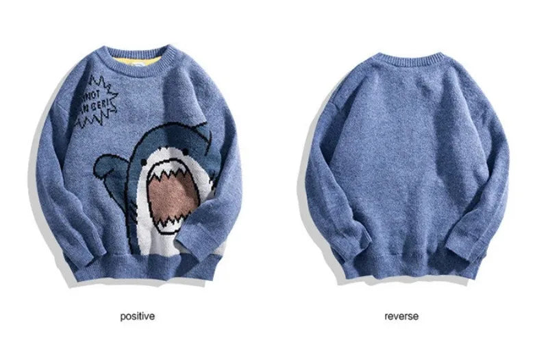 Shark Sweater Men Winter Cartoon Harajuku Korean Y2k Oversized Turtleneck Hip Hop Loose Knit Jumper Pullover High Collar Sweater
