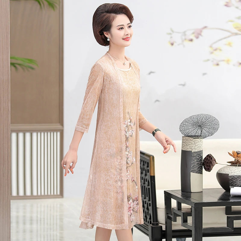 Elegant Dresses Women NEW Summer Casual Retro Temperament printing two Piece Set Dress Mother Dress plus Size