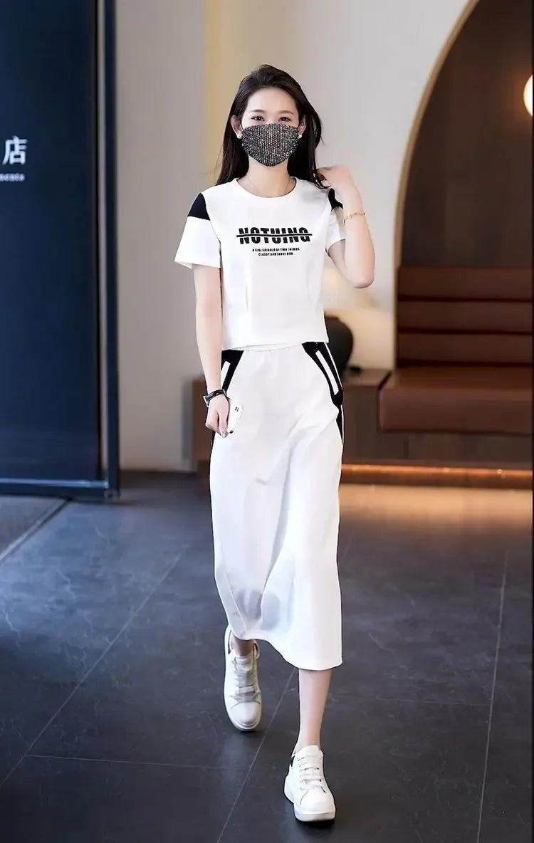 Women's Two Piece Set Short Sleeve Lightly Cooked Slit Skirt Luxury Designer Clothing Y2k Clothes Top and Bottom Female Outfits