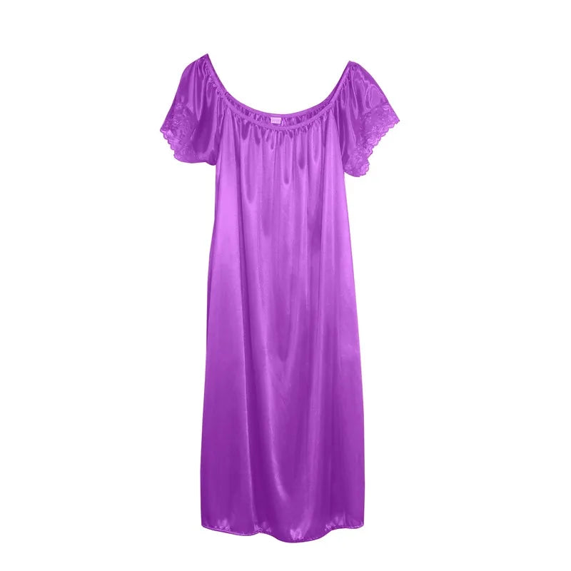 Women Night Gowns Sleepwear Lace Patchwork Nightwear Long Sleeping Dress Casual Ladies Home Dressing