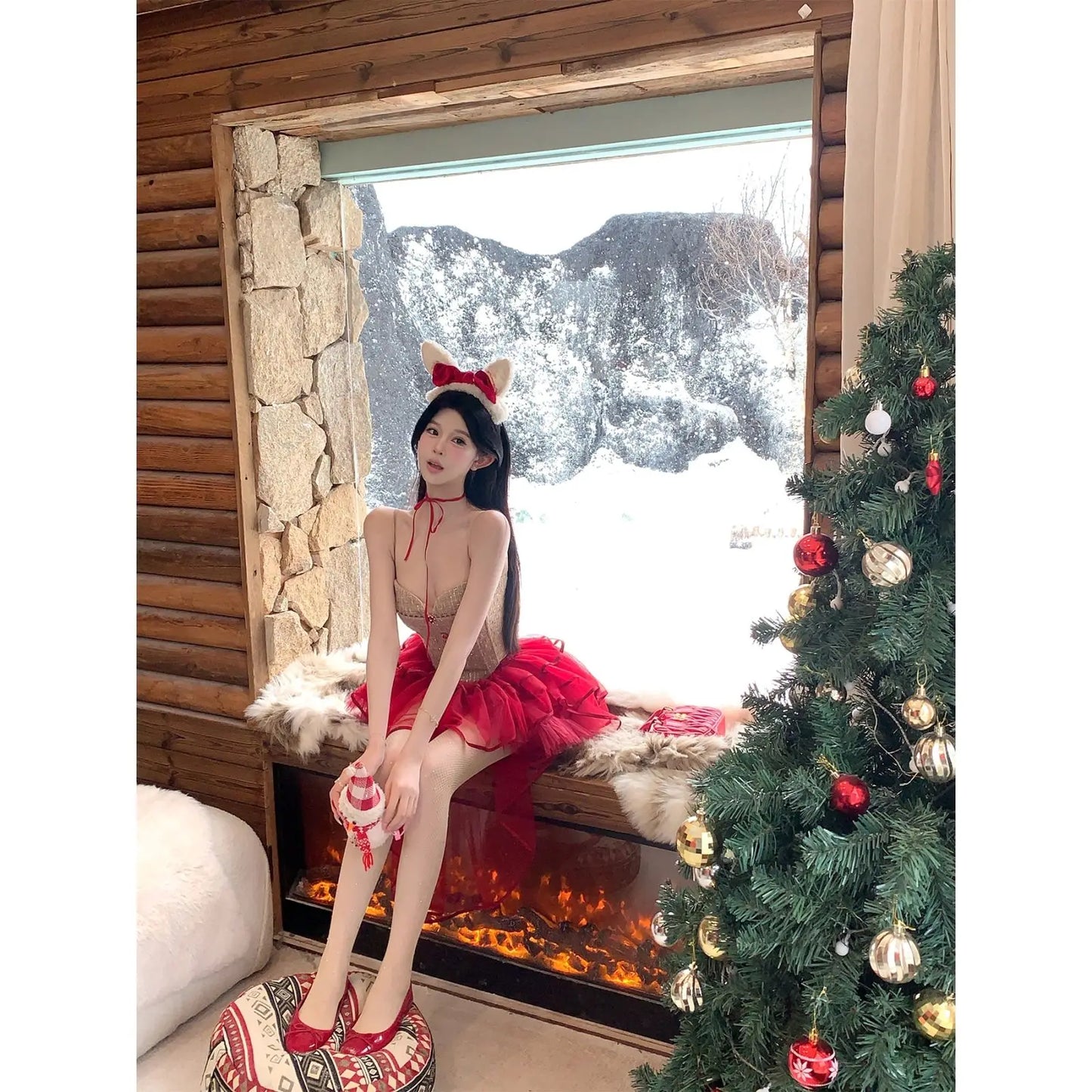 Elegant Women Two Piece Outfit Red Corset Crop Top Tulle Mini Skirt Slim Fit Sexy Summer Party Clubwear Chic Stylish Look 2025