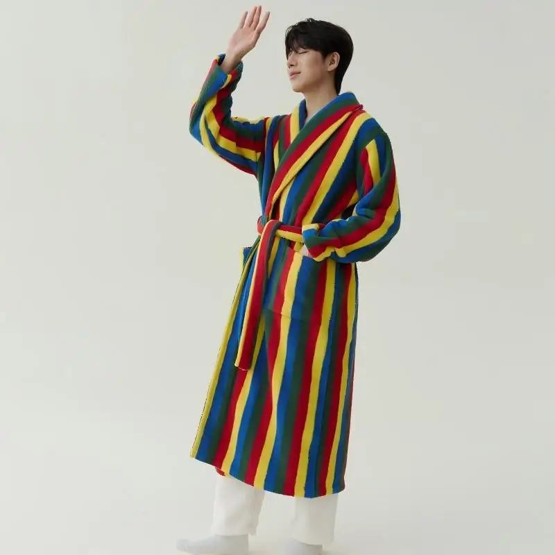 2025 New Autumn/Winter Women's Sleepwear Thick Velvet Warm Robe Couple Coral Velvet Striped Lengthed Home Clothes Bathrobe