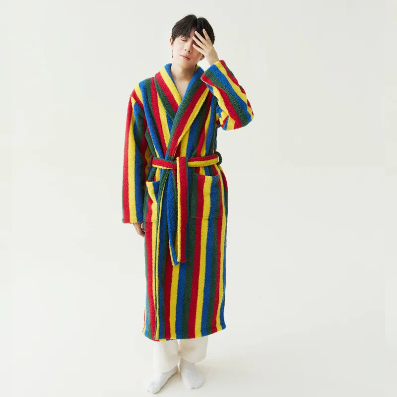 2025 New Autumn/Winter Women's Sleepwear Thick Velvet Warm Robe Couple Coral Velvet Striped Lengthed Home Clothes Bathrobe