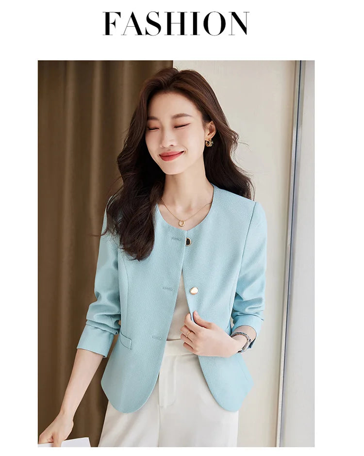 High quality blazer for women short jacket single breasted O neck spring autumn elegant office clothes pink yellow blue white