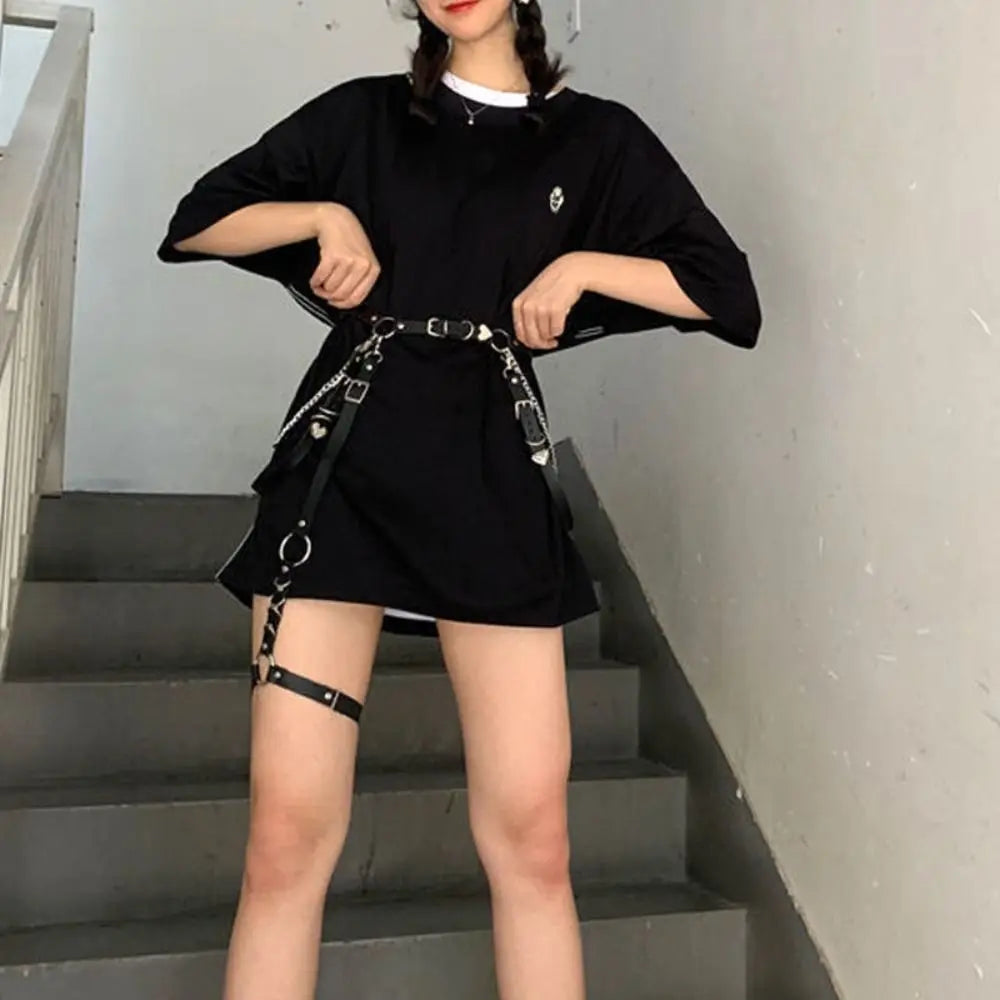 Women Skirt Belt Female Pu Leather Hip Hop Rock Nightclub Sexy Jeans Dress Heart Punk Belt with Metal Waist Chain