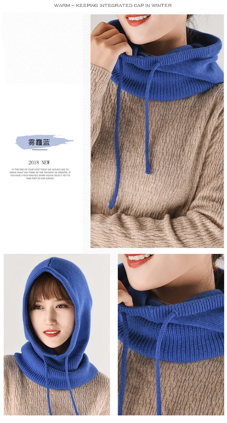 Winter Hats for Women, Wool Blend Hooded Scarf Hat for Girls Balaclava Knit Skull Cap Beanie Hat Neck Gaiters