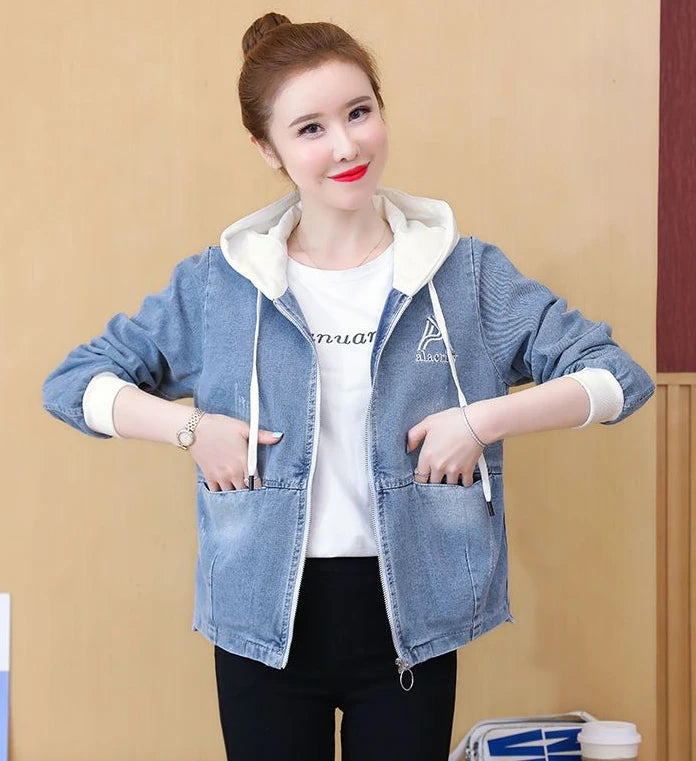Outerwears Embroidered Spring Autumn Hooded Female Jeans Coat with Print Graphic Women's Denim Jackets Luxury Low Price Harajuku