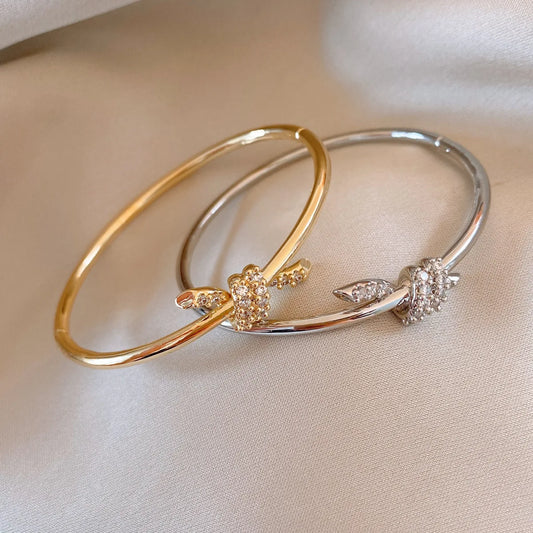 Simple Glossy Zircon Knot Bangles for Women 2025 Korean Fashion Bracelet Light Luxury High-end Wedding Bride Accessories