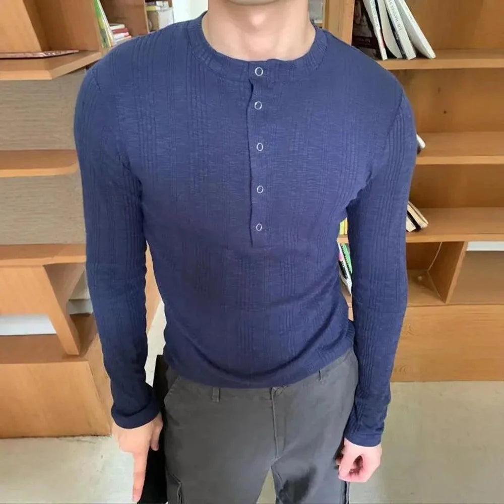 Sweater Mens Striped Texture Henry Collar Knitted Pullover Autumn Casual Versatile Unisex Daily Undershirt Men's Clothing 2024