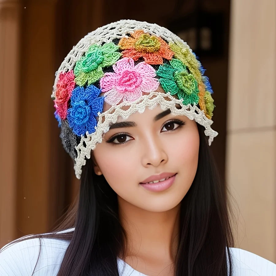 Women's Bohemian Floral Hat - Lightweight Elastic Stretch Fit, Handmade Crochet Design with Multicolor Flowers Breathable Summer