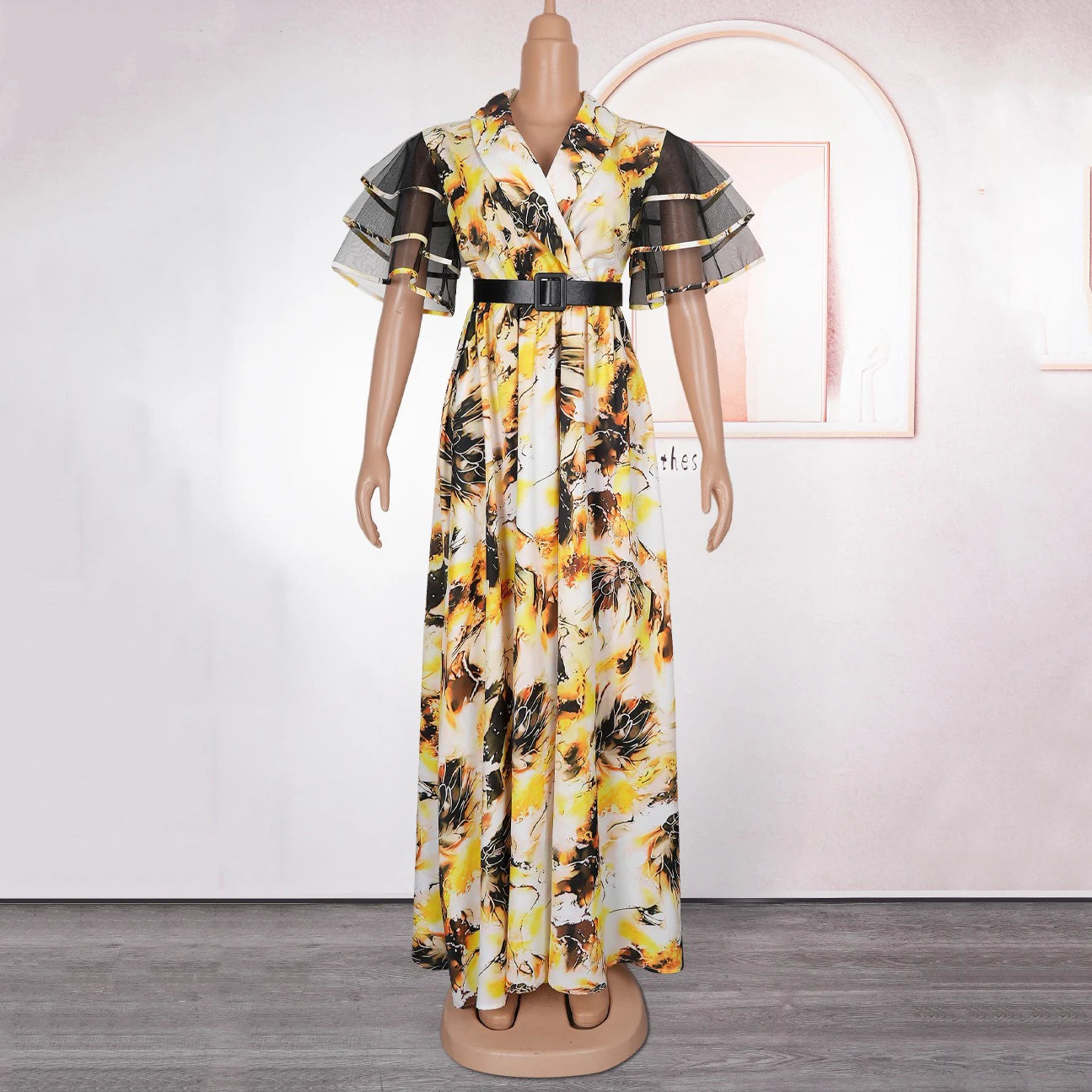 Elegant Printed Dresses for Woman V Neck Ruffles Sleeve Belt Waisted Ankle Length Luxury Birthday Party Dinner Vestidos Mujer