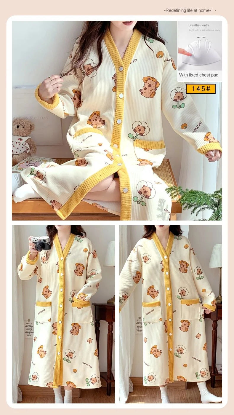 Maternity Sleepwear Nursing Nightwear Long Sleeve Robe Loose Fit Pregnant Women Homewear Winter Comfortable Fleece Nightwear