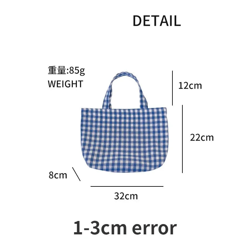 Portable Women's Bento Handbags Simple Plaid Ladies Small Tote Purse Shoulder Bags Retro Female Cloth Reusable Shopping Bag