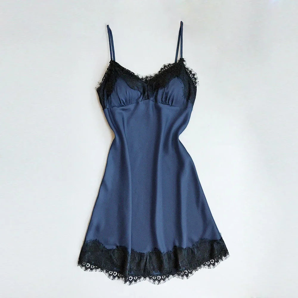 Ladies Sexy Silk Satin Night Dress Sleeveless Nighties V-neck Nightgown Nightdress Lace Sleepwear Nightwear for Women S-3XL