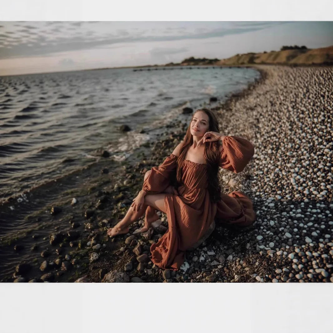 Maternity Photoshoot Dress - Sexy Off-Shoulder Gown Playful Puff Sleeves & Leg-Baring Slit Clothes for Pregnant Women Photograph