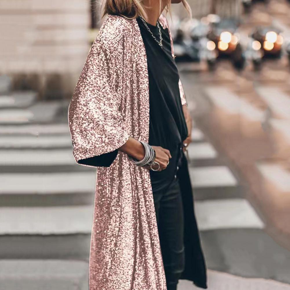 Women Coat Comfy Loose Outerwear Outwear Windproof  Stylish Shining Sequins Cardigan Jacket Top