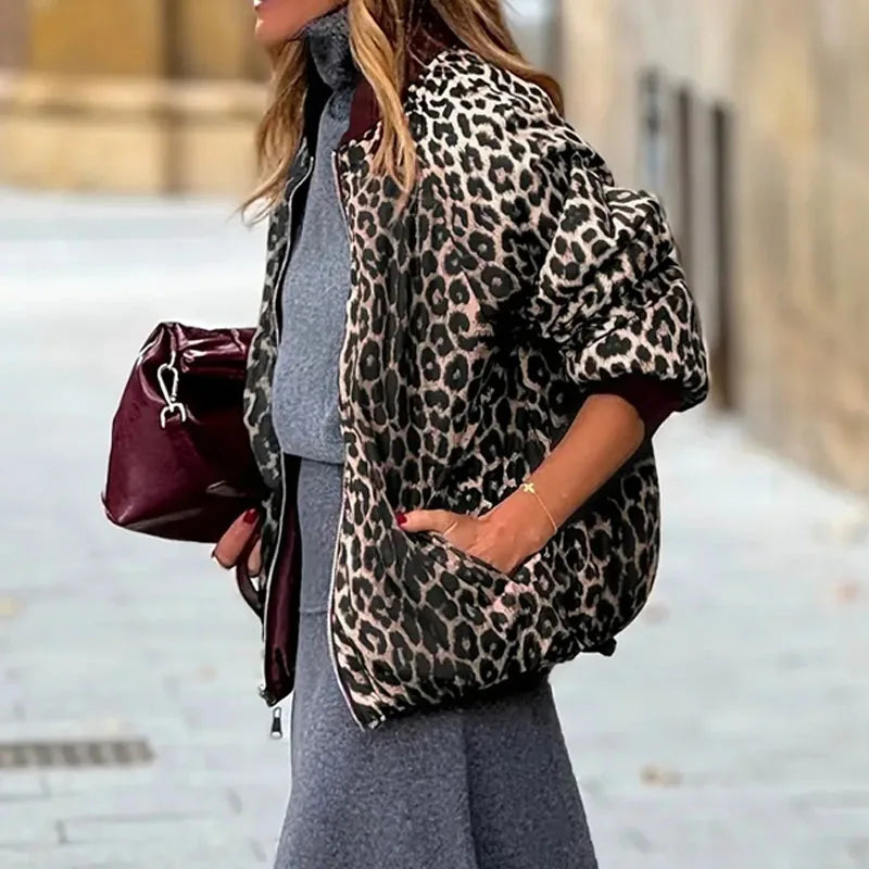 Winter New Streetwear Thick Cotton Coat 2025 Lady Fashion O-neck Long Sleeved Outerwear Leopard Print Double-sided Zipper Jacket