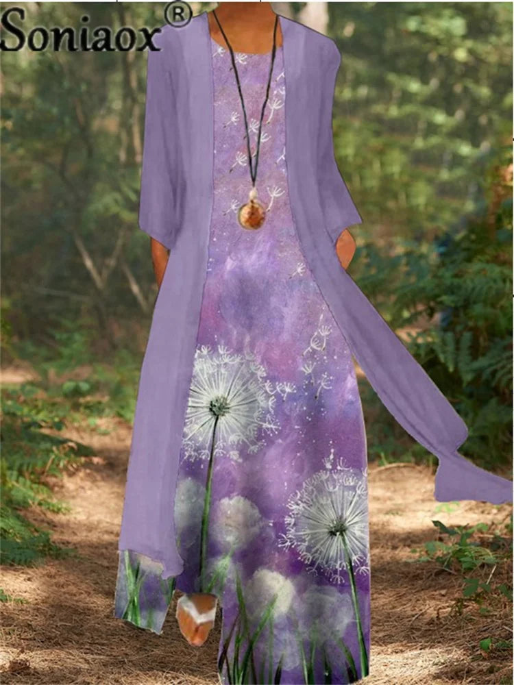 New Two-Piece Set Lady Flower Print Sleeveless Maxi Dress With Cardigan Hot Clothes Women 2025 Summer Boho Elegant Dresses Coat