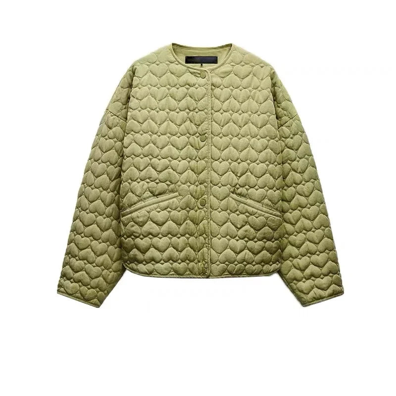 Women's outerwear 2025 heart-shaped quilted cotton jacket women's Korean round neck jacket cotton jacket