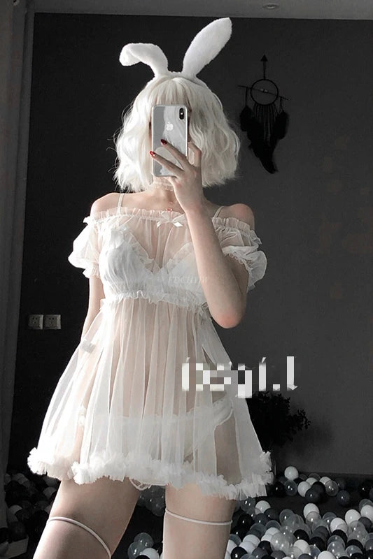 Sexy Lingerie White Night Dress Perspective Out Lace Sleepwear Female Temptation Women's Nightgown Nightwear Sleeping Dress