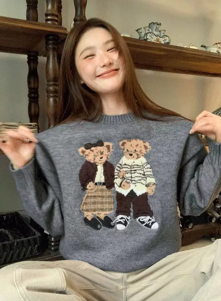 Sweater cartoon small bag core yarn needle retro women's  loose round neck knitted sweater new print black