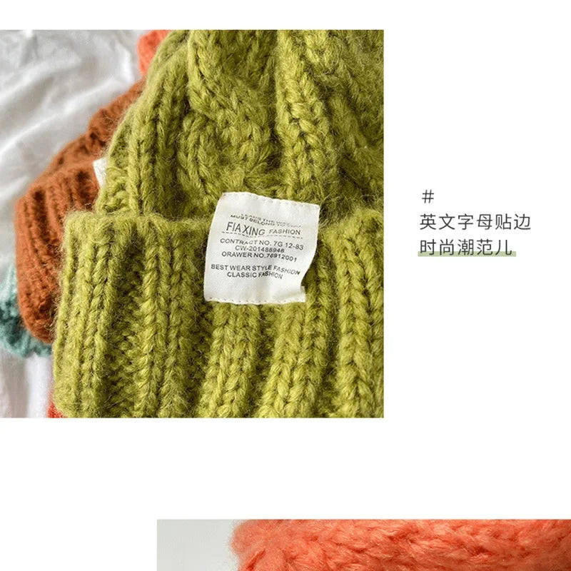New Hat Women's Coarse Knitted Knitted Wool Hat Autumn and Winter Versatile Big Head Circumference Green Loose Ins Trendy F