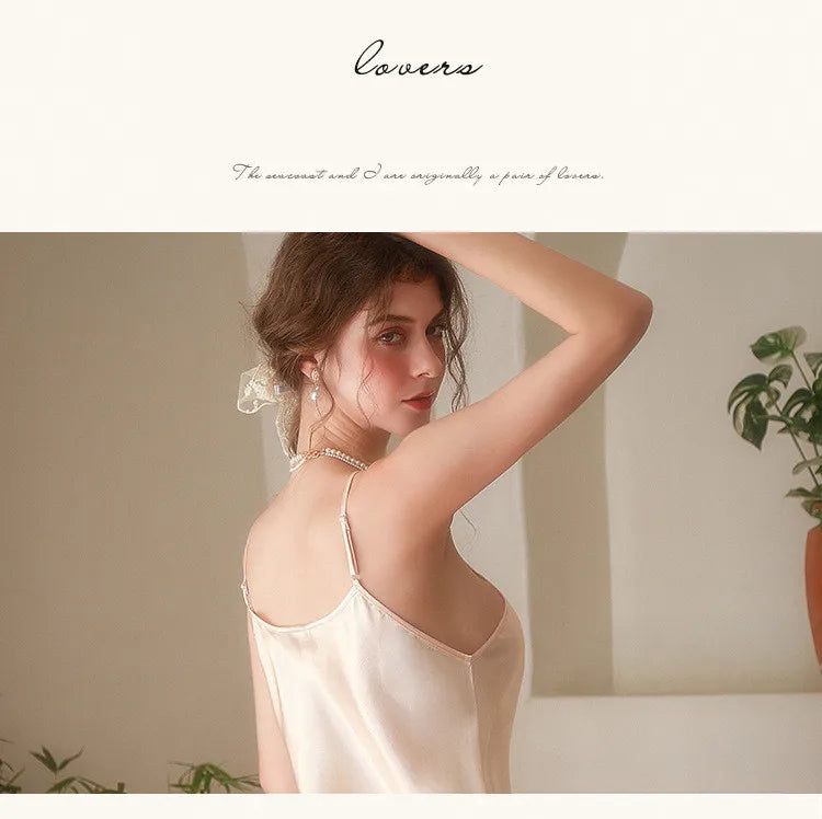 Fashion Sexy V-Neck Nightgown For Women Solid Silk Satin Lingerie Night Dress Sleeveless Sleepwear Female Nightwear Home Clothe