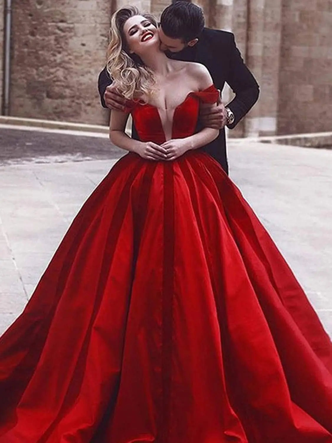 Ball Gown for Women Satin Dress Red Prom Dresses Long Off Shoulder V-Neck A-Line Formal Dress Women Elegant Evening Dress