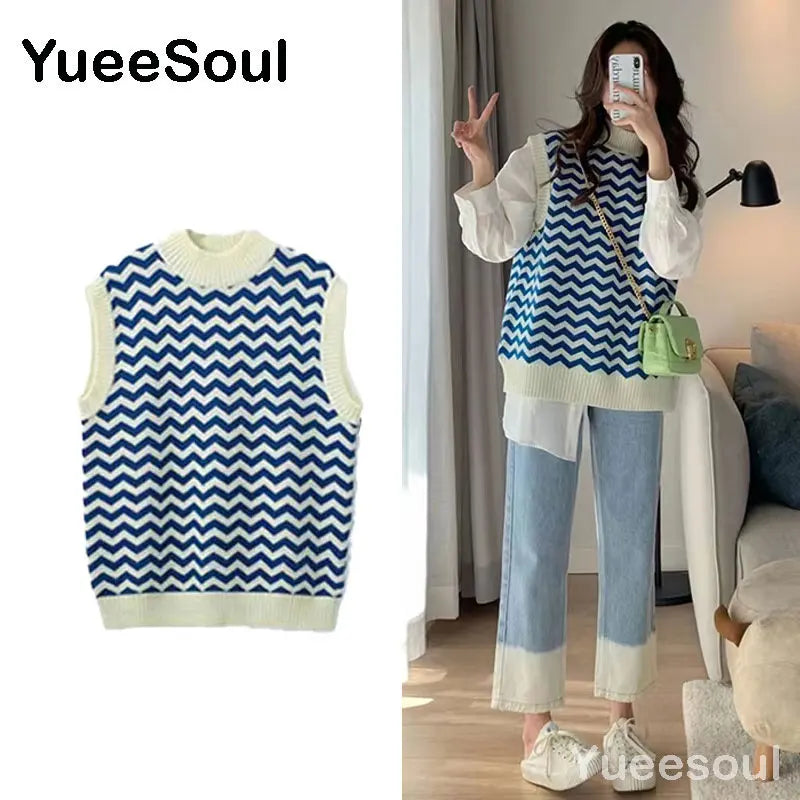Sweet Kawaii Sweater Vest Printed Sleeveless Casual Outerwear Knitted Waistcoat 2023 Vintage Y2K Spring  E Girl Pullovers Tops