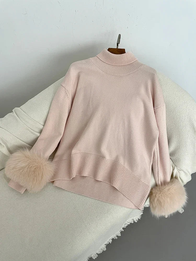 Sweater Women 2024 Autumn Winter Fashionable Sweaters with Real Fox Fur Sleeves Slim Fit Sweaters Fur Knitwear England Style