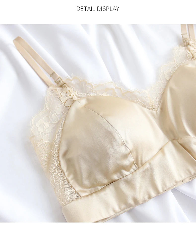 Women Silk Bras 93.8% Mulberry Silk 6.2 Spandex Lace Satin Surface Wire Free Wireless Bra Bralette Everyday Wear TA018
