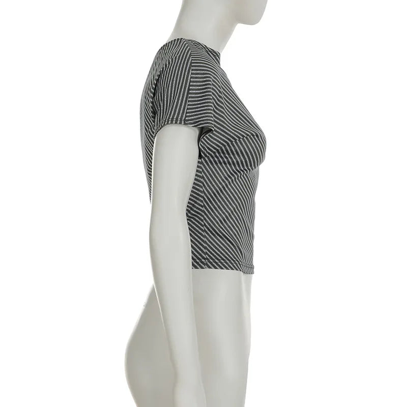 Striped T Shirts For Women Streetwear Inclined Collar Crop Top Y2k Accessories Short Sleeve Grunge Clothes Ropa Mujer Camisetas