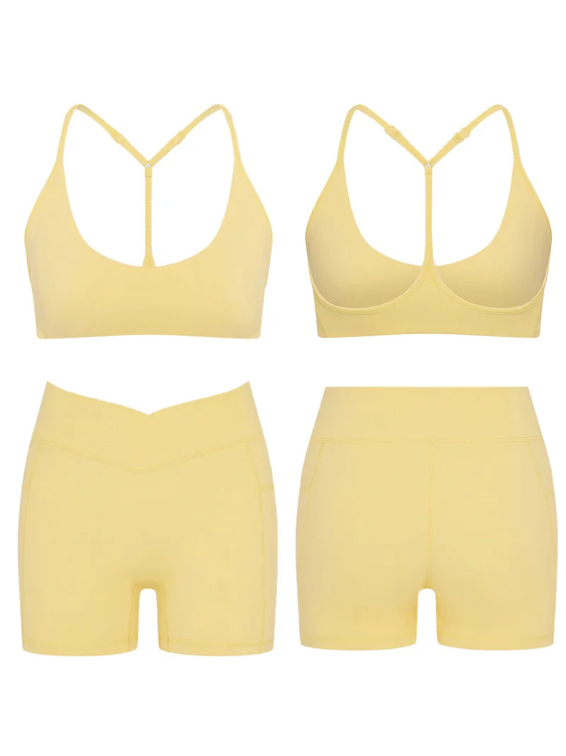 Women's Yoga Suit High Elasticity Naked Breathable Elastic Cross Waist Shorts Hanging Neck Bra Beautiful Back Gym Exercise Set