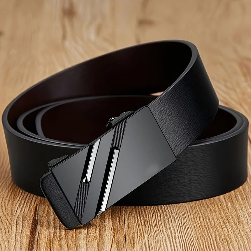 Men's belt made of synthetic leather with an automatic alloy buckle, durable and suitable for casual and semi-formal occasions.